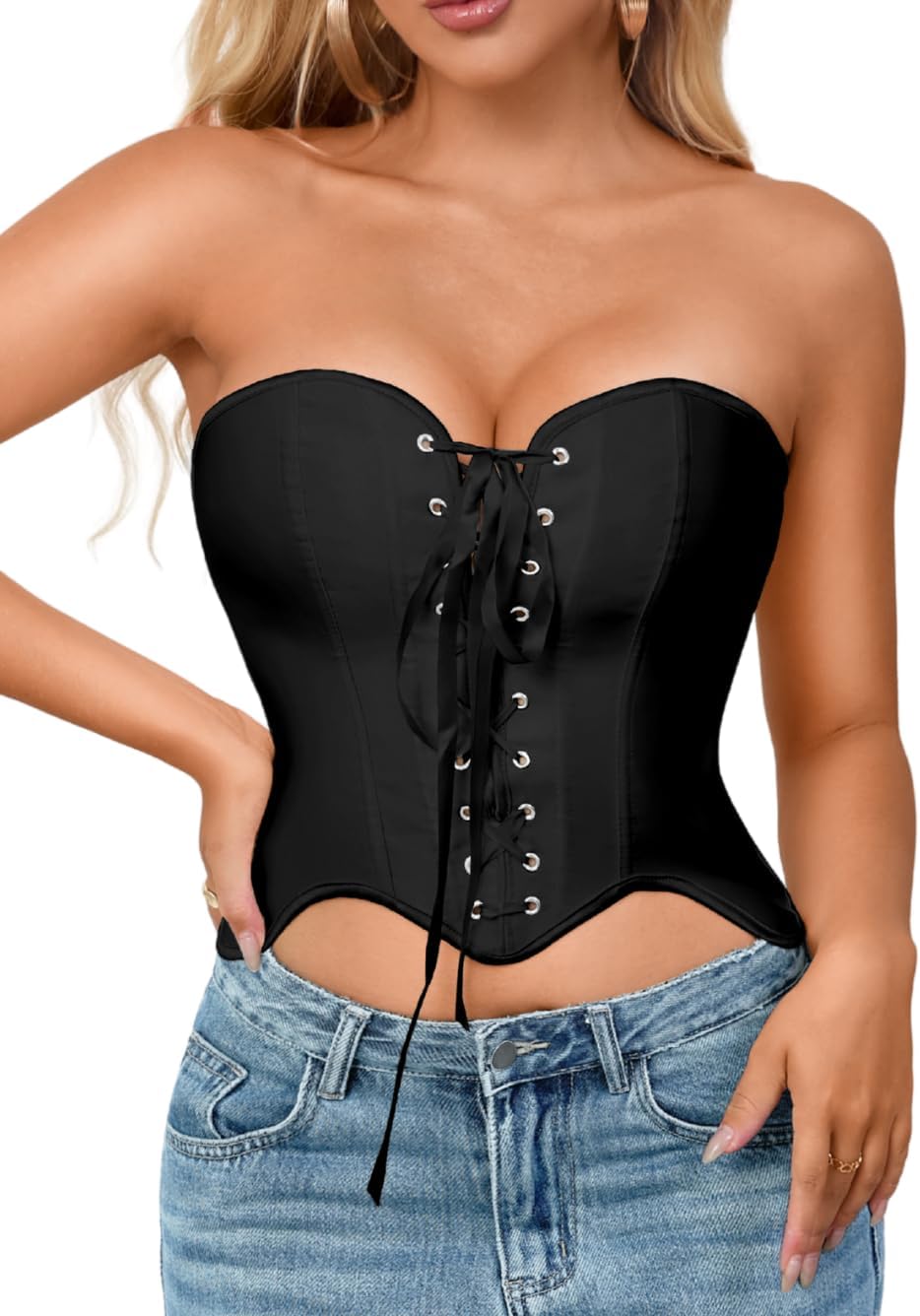 Kaei&Shi Women Strapless Overbust Satin Corset Tops,Renaissance Lace Up Bustier Crop Top For Going Out