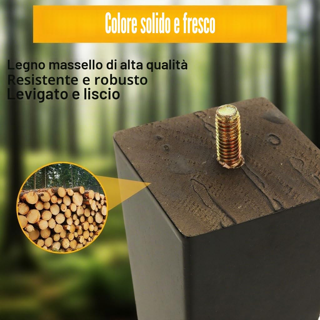 8 gambe di ricambio per divano, altezza 10 cm, piedini di ricambio per mobili in legno massello, bulloni M8 con piastra di montaggio e viti, per divano, poltrona, cassettiera, nero