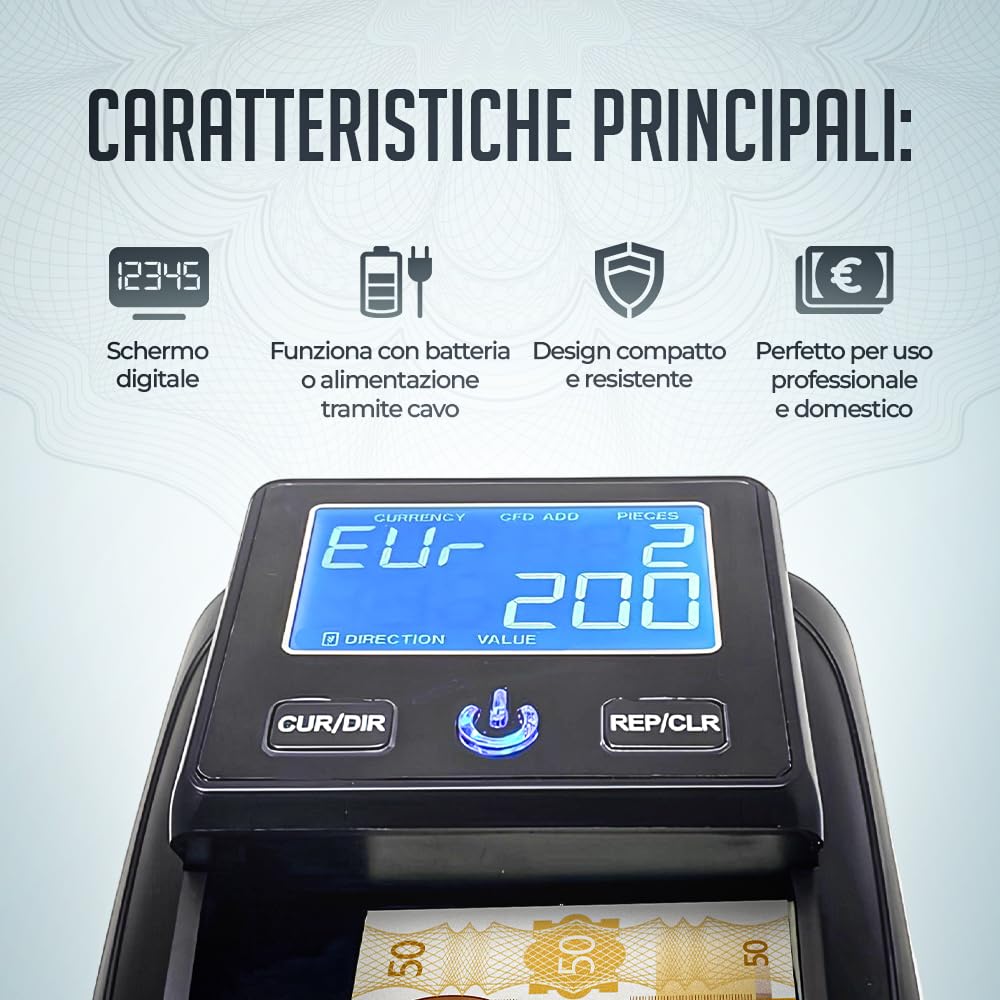 Rilevatore e Conta Banconote Portatile Senza Fili – Verifica Banconote False con 7 Controlli, Display LCD, Aggiornabile via USB, Batteria Inclusa, Testato al 100% per Euro