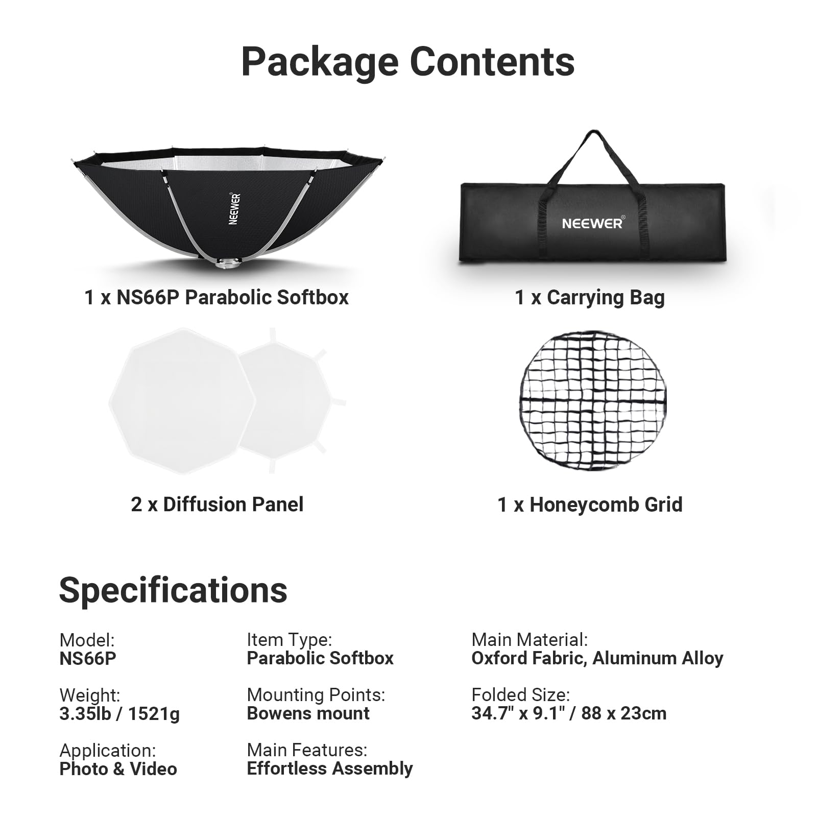 NEEWER Basics Paraboliczne softboxy, 47,2" Bowens Mount Softbox, dyfuzory świetlne/siatka/torba, kompatybilne z Aputure 150c Godox SL60w NEEWER FS300C FS230C FS150B HB80C CB200C Q6 Q300, NS66P