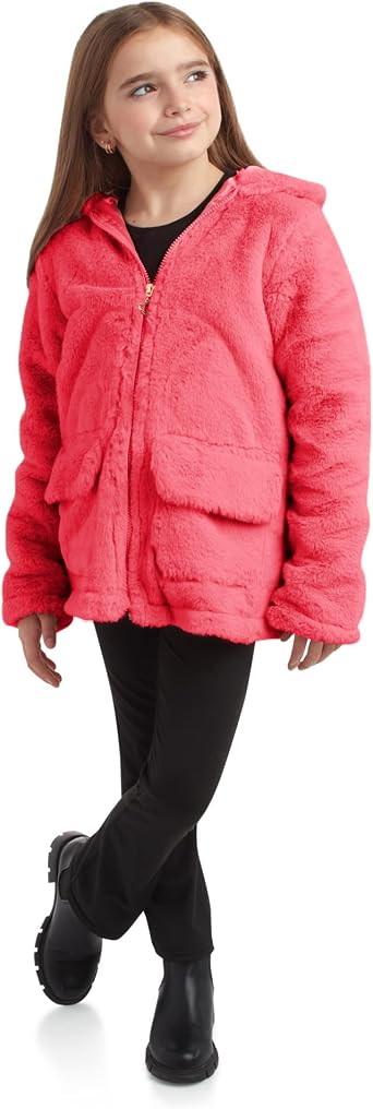 URBAN REPUBLIC Girls Fur Coat - Long Sleeve Soft Plush Teddy Coat Faux Fur Jacket for Girls with Hood and Pockets
