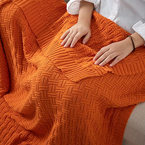 Rudong M Orange Cotton Cable Knit Throw Blanket, Cozy Warm Knitted Couch Cover Blankets, 60 X 80 Inch #TOP2
