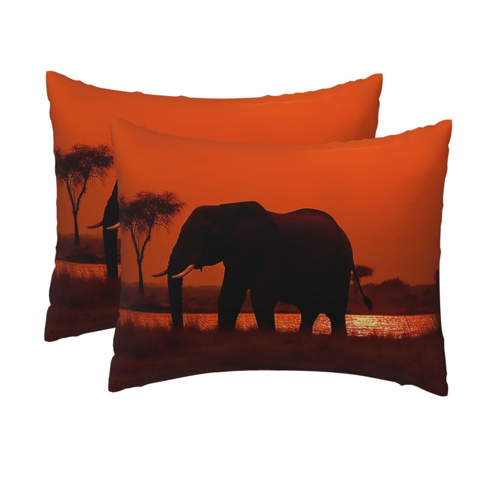 2 Pack Standard Pillow Cases with Hidden Zipper, Soft Breathable Pillow Covers for Hair and Skin, Sunset African Elephant Pillowcases 20"x26" Bed Pillow Protectors Cover for Sleeping Gifts