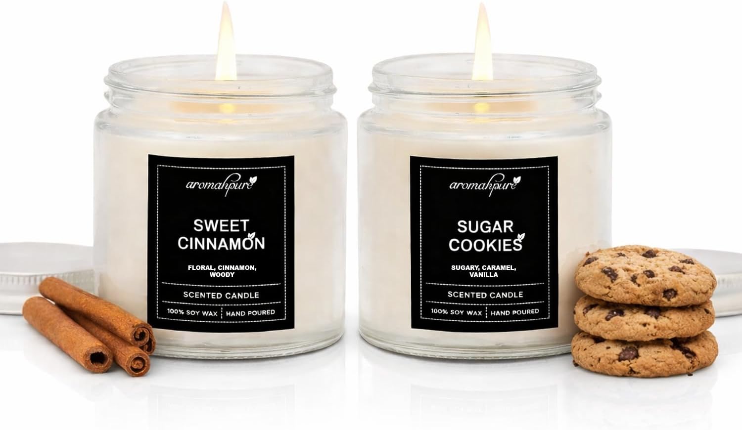 Aromahpure Scented Candles (55 Hours) (100% Soy Wax)- Handcrafted | Smoke-Free | Sweet Cinnamon- Cinnamon & Woody, Sugar Cookies- Sugary, Caramel & Vanilla Fragrance Candles for Home, IFRA Certified