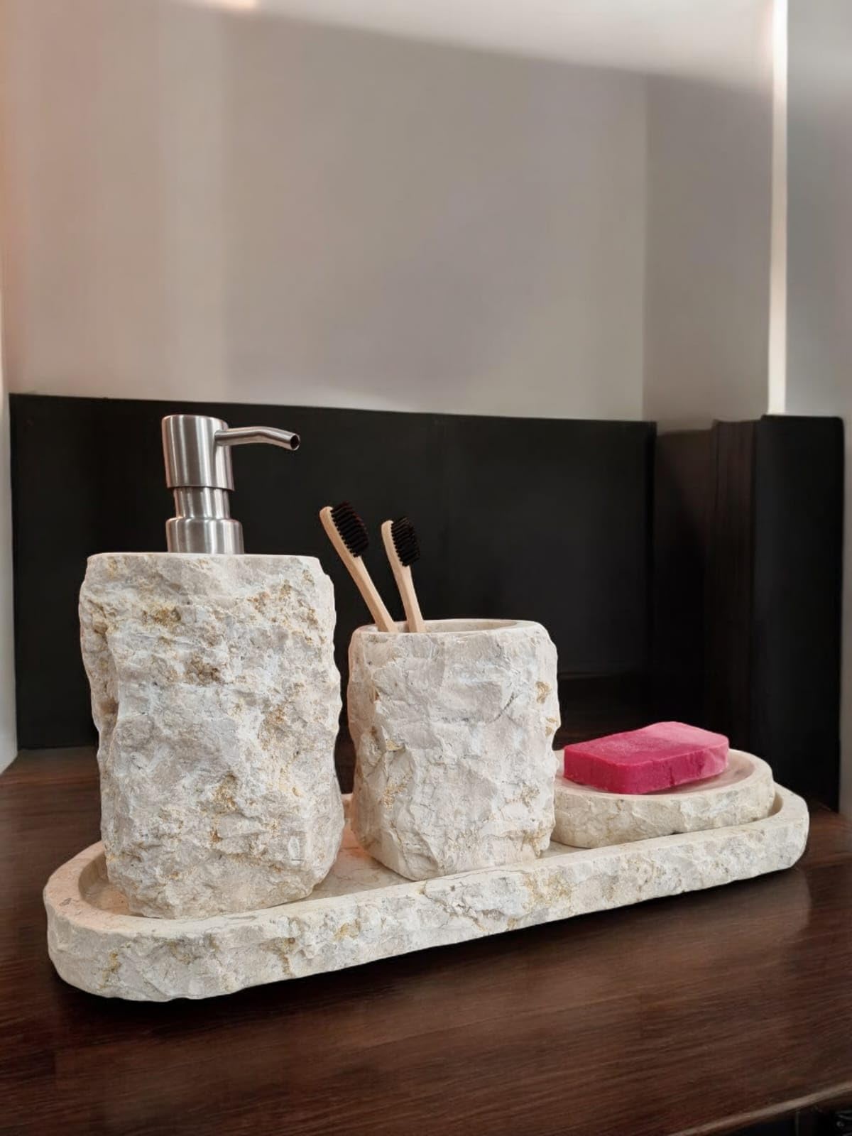 Juego de baño de mármol: vaso para cepillos de dientes, dispensador de jabón, jabonera, bandeja para su oasis de bienestar en piedra natural beige