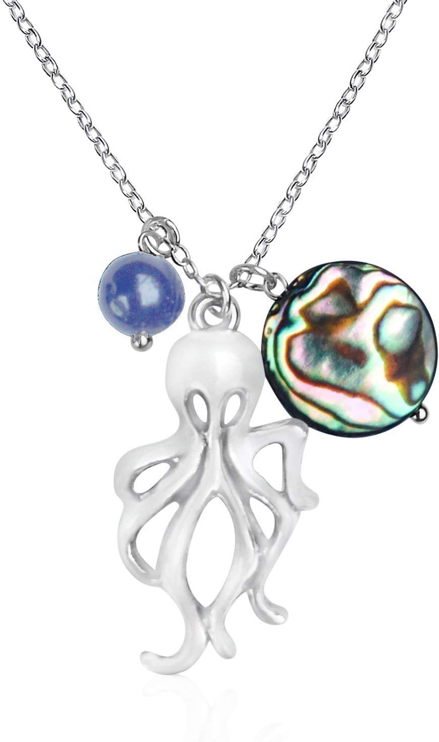 Octopus Silver EP Ocean Charm Necklace with Abalone and Lapis Lazuli Charms on Silver EP Necklace