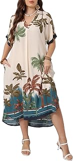 Plus Size Women's Floral Print V-Neck Short Sleeve Maxi Dress with Pocke...