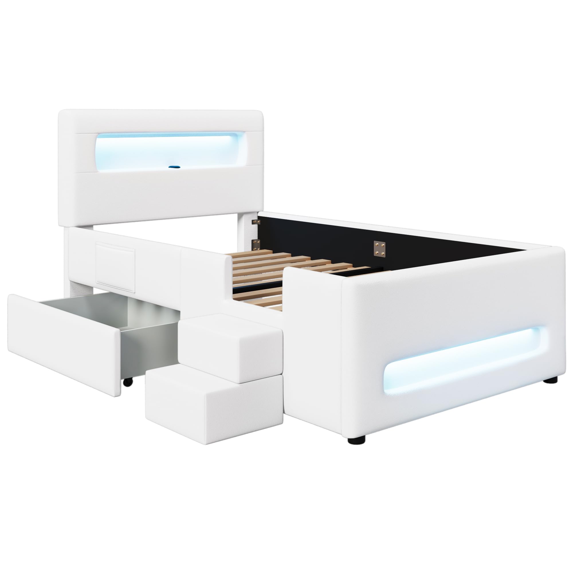 Tapicerowane łóżko platformowe 90 x 200 cm, białe, z szufladami LED, schody, USB