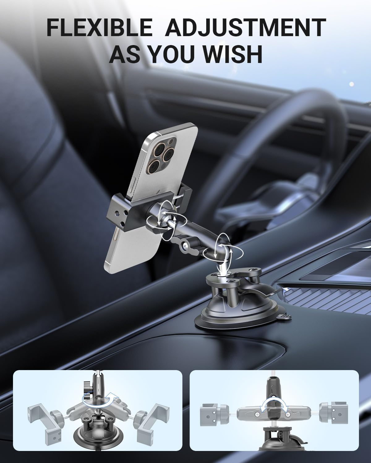 Vacuum Suction Cup Phone Mount for Car Truck Helicopter Airplane, 360° Rotatable Windshield Dashboard Metal Firm Grip Smartphone Holder, Fit for iPhone 16 Pro Max 15 14 13 & 4-7" Cellphone