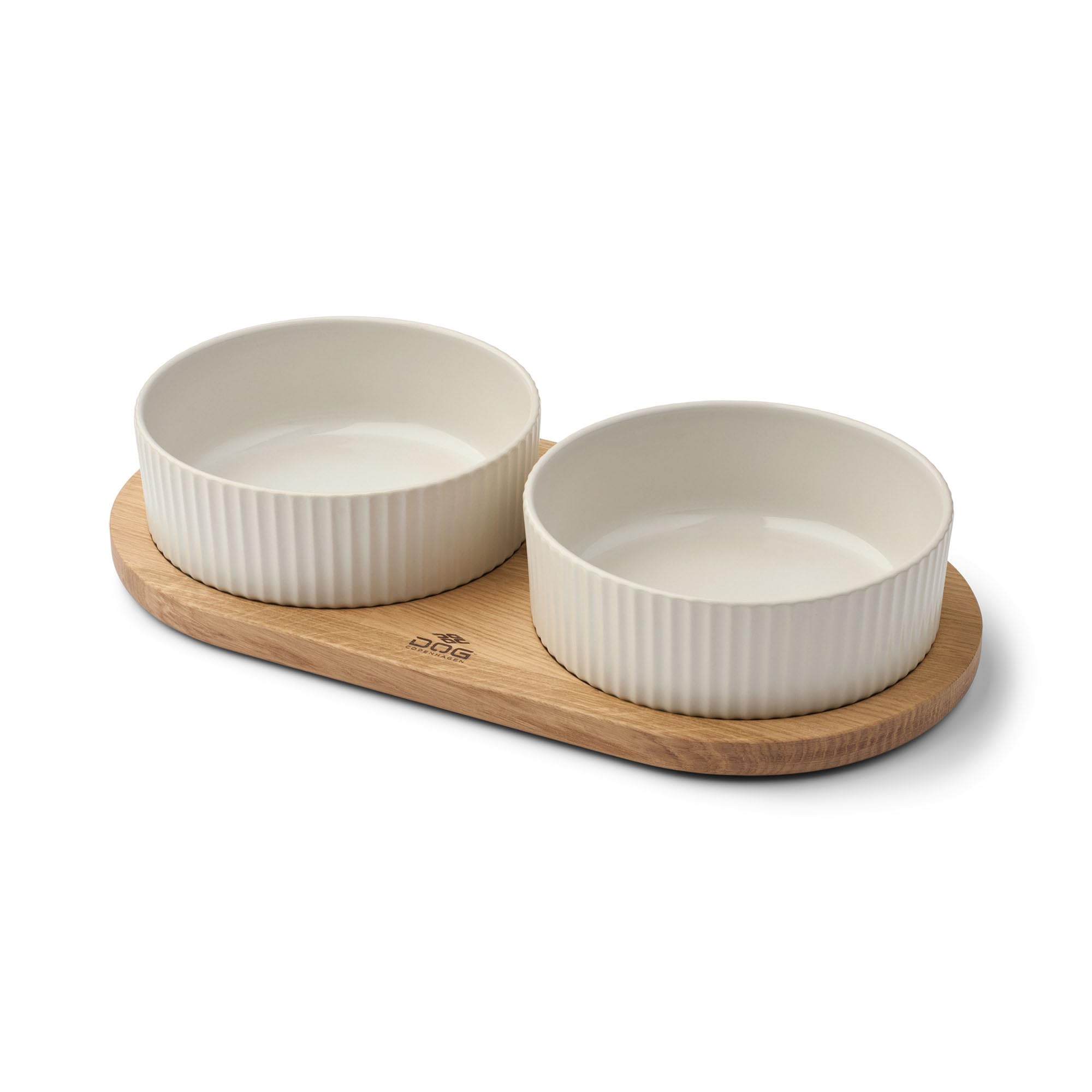 DOG Copenhagen Kronborg Food Bar - Ceramic Food and Water Bowl Set with Stand - Dishwasher Safe - Non Slip - Nordic Design Stoneware, S, Off White/Oak