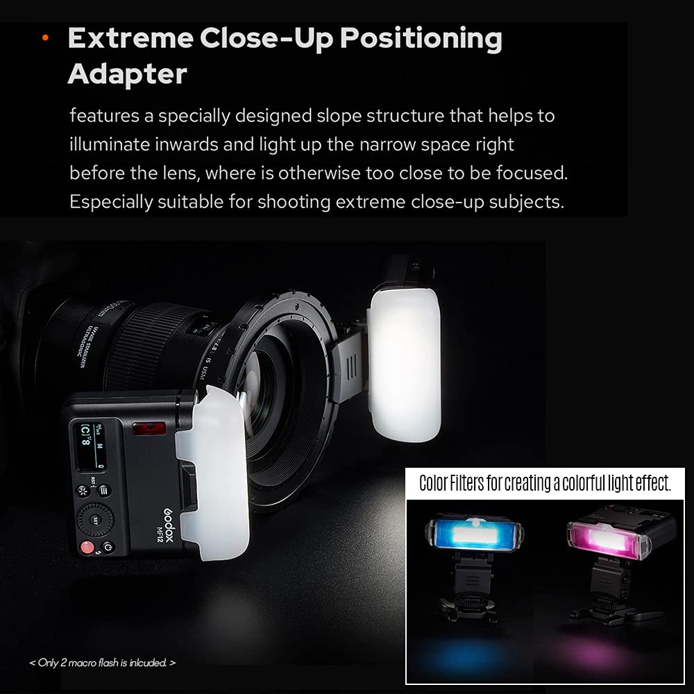 Godox MF12-K2 2PCS Macro Flash+MF-DB Support Flash Flexible Mode TTL M sans fil 2,4 G avec Filtre Couleur, Sabot Froid, Support Flash pour Portrait Compatible avec Les Appareils Photo Nikon/Sony/Canon