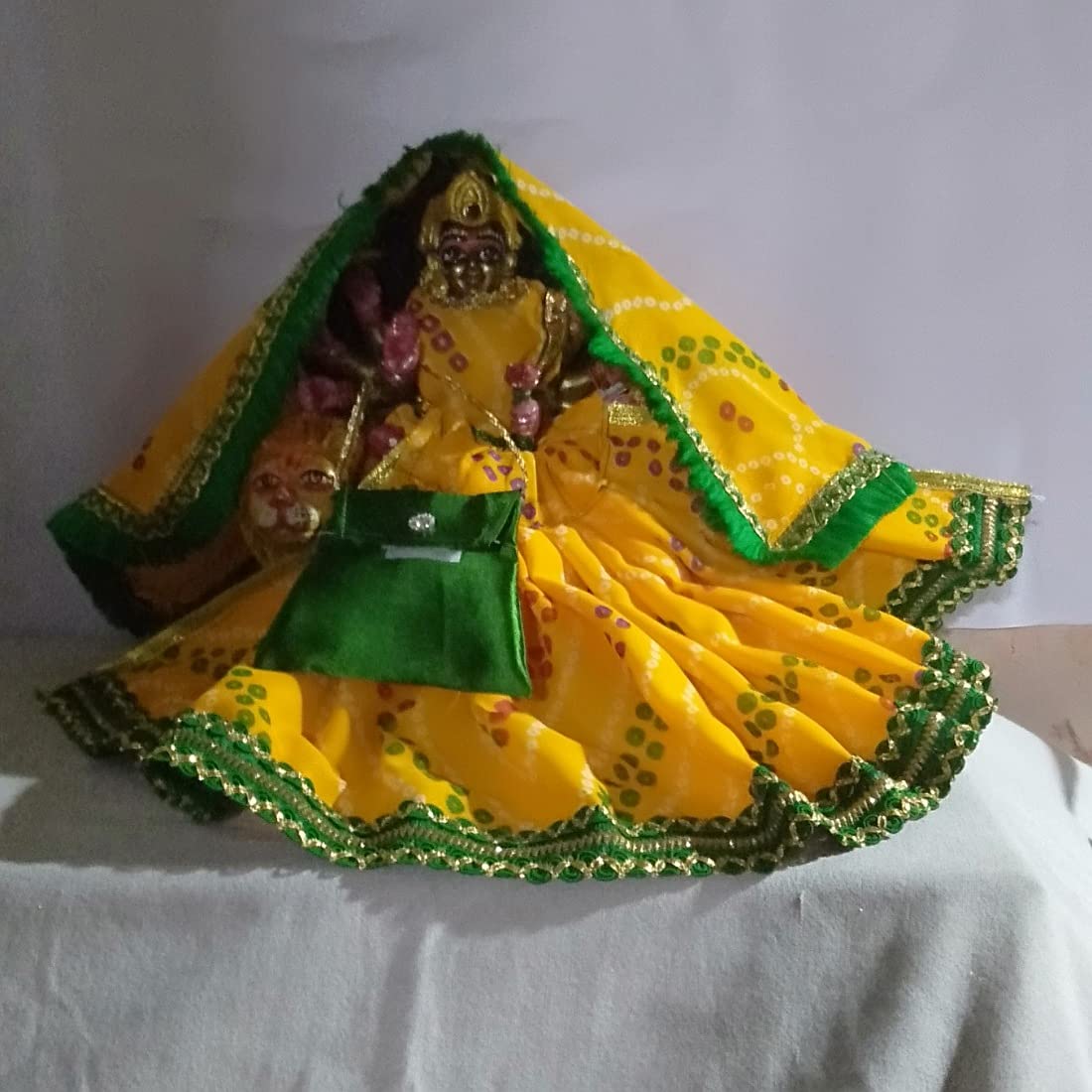 DAU JI DAMODAR LATEST DESIGNED DRESS FOR DURGA MATA RANI (Yellow and Green)(set of 1 complete dress of Durga Mata) (For 12 inches Murti)
