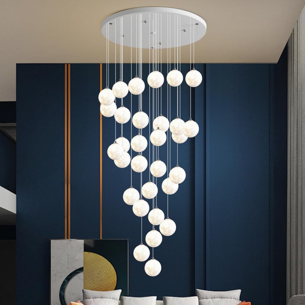 PCXEHUYP 18-Lights Staircase Pendant 30-light Globe Stairwell Chandelier White For High Ceiling Stair Hotel Hallway Entrance Foyer
