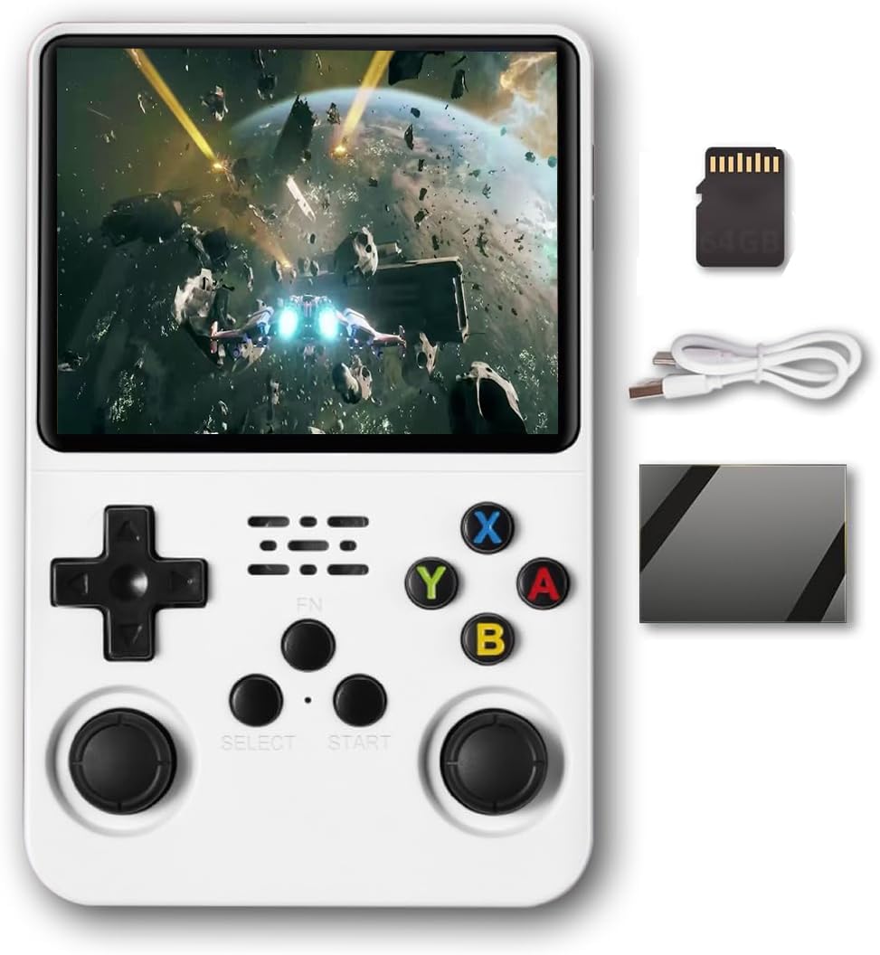 Uchykuxe R36S レトロハンドヘルドゲーム機 11以上のシミュレータ、日本語など多くの言語をサポート、64GB TFカード、EmuELEC-Linuxシステムをサポート、オープンソースシステムと3.5インチ IPSスクリーン、ミニビデオコンソール、デュアル3Dジョイスティック (白い)