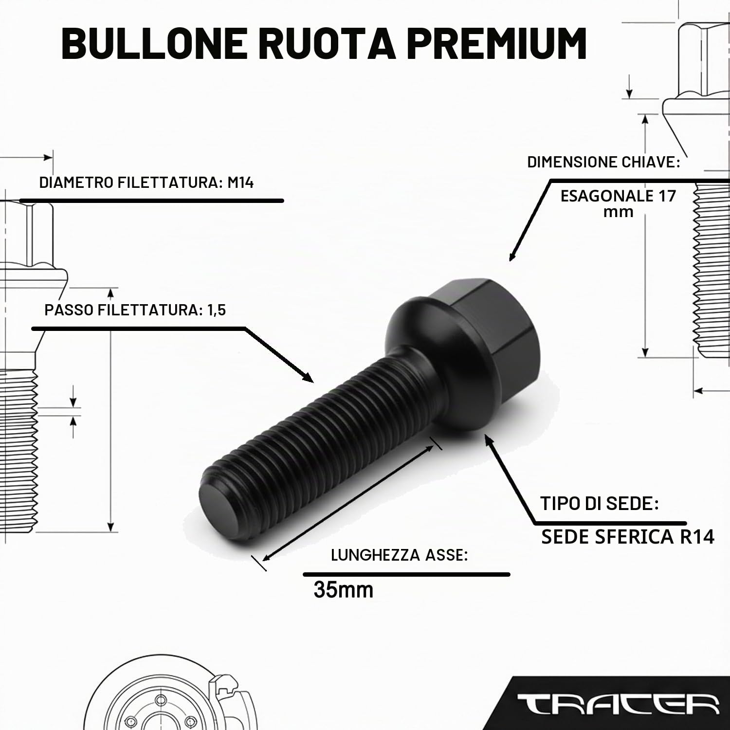 TRACER 20 Black Wheel Bolts Wheel Bolt Ball Waistband M14x1,5 35mm R14 compatibile con VW, Porsche