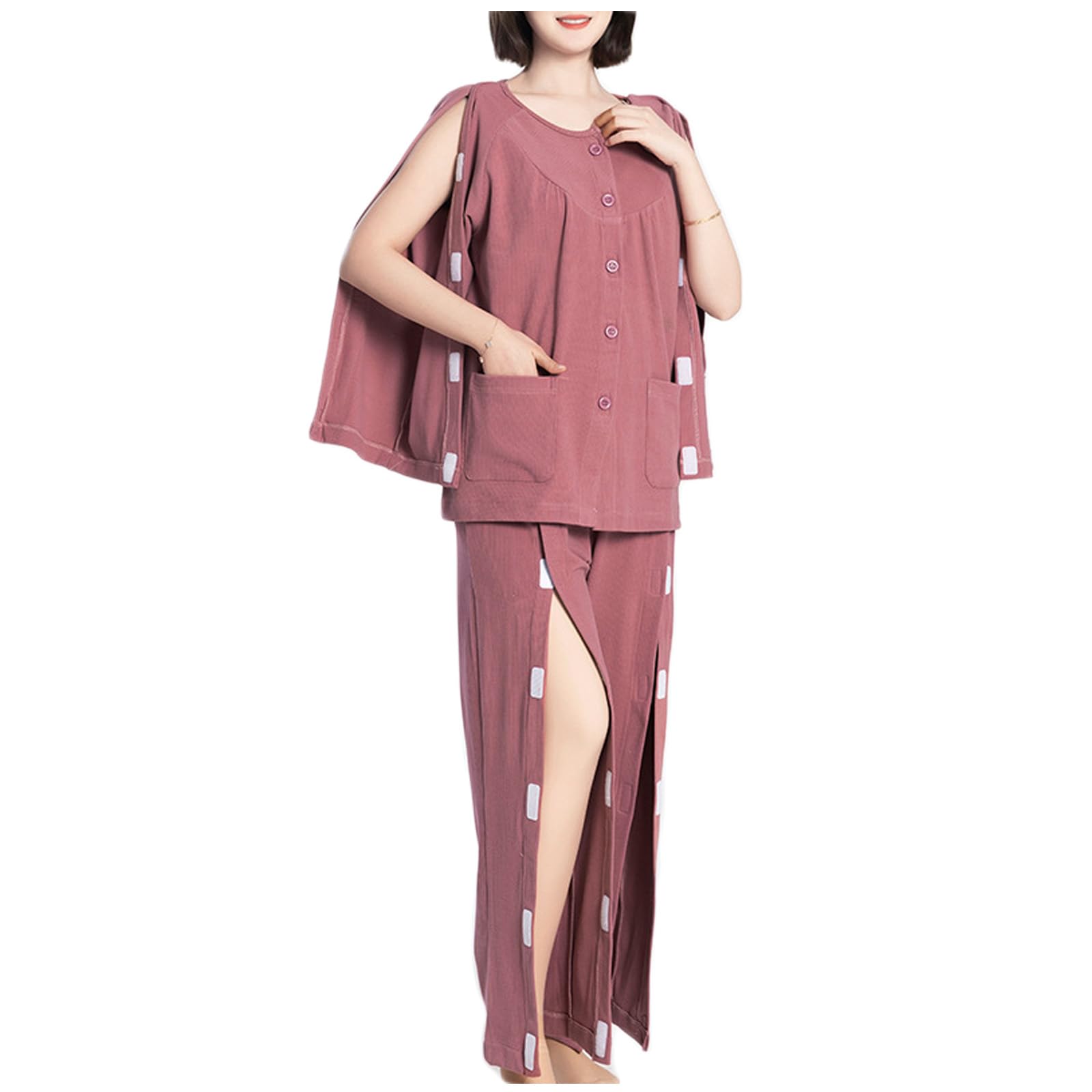 Pflegekleidung, Damen-Set aus abreißbarem Hemd und Hose nach der Operation, mehrfarbig, mehrere Größen(Rosso,X-Large)