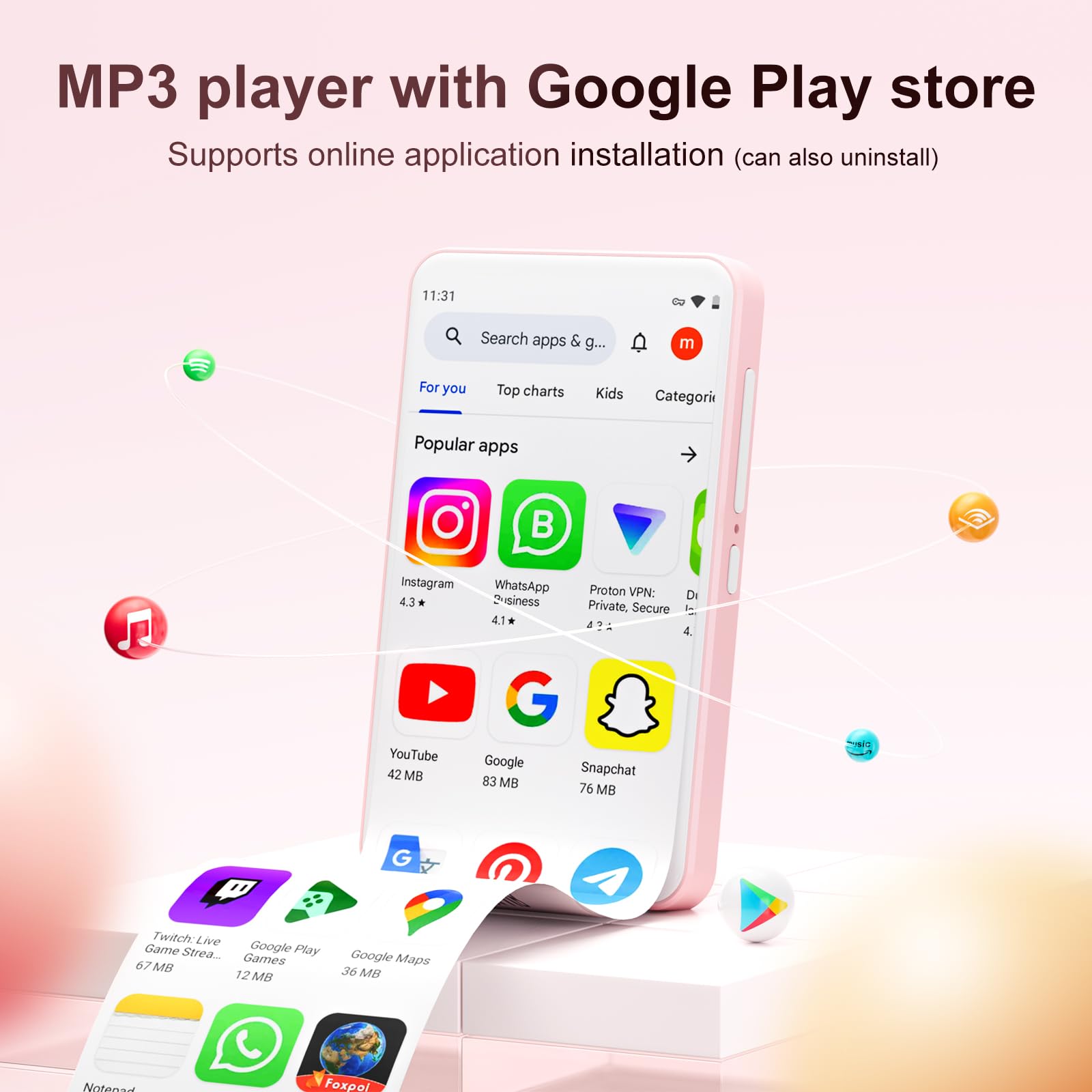 Lecteur MP3 avec Bluetooth et WiFi, Oilsky 80GB 4'' Android 9.0 Lecteur de Musique, MP4 à écran Tactile 1080P, Mp3 Portable avec Spotify, Audible, Deezer (Rose)