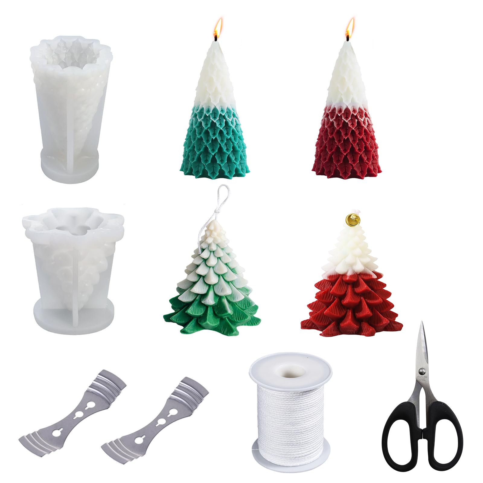 Moules à Bougies Sapin De Noël En Silicone - Lot De 2 Avec Mèches, Supports Et Ciseaux, Parfait Pour Créations Festives