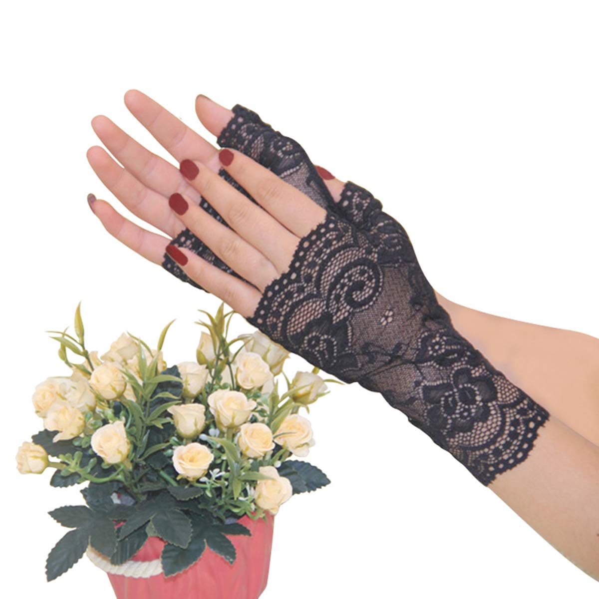 Panba 2019 Lace Gloves Women Wedding Tea Party Glove for Evening Sexy Prom Gloves, Black#1, One Size
