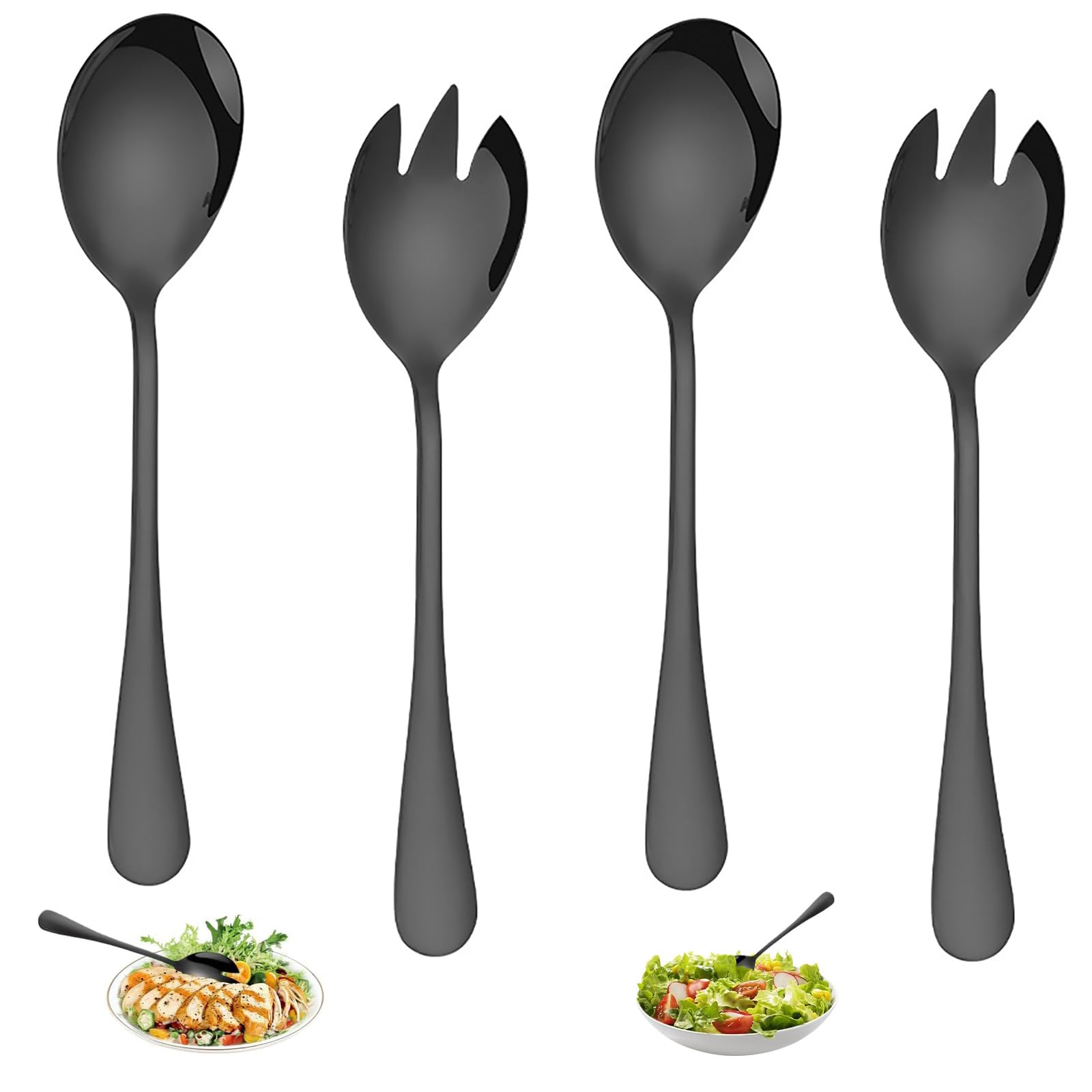 Set of 4 Salad Servers,Noir Couverts à Salade Salad Spoon and Salad Fork, Salad Servers, Stainless Steel Salad Servers, Stainless Steel Salad Servers, Suitable for Kitchen, Dining Room, Party - 2