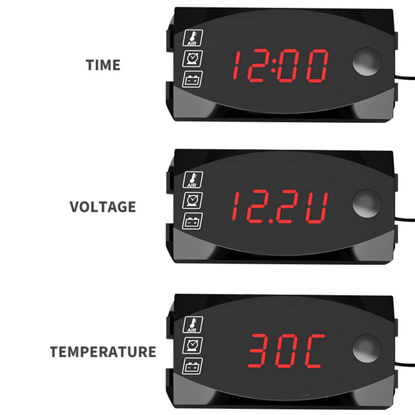 Voltmètre Moto LED, Akozon 3-en-1 Moto Voltmètre Thermomètre Tension Horloge Électronique Jauge IP67 Compteur Étanche 6V-30V