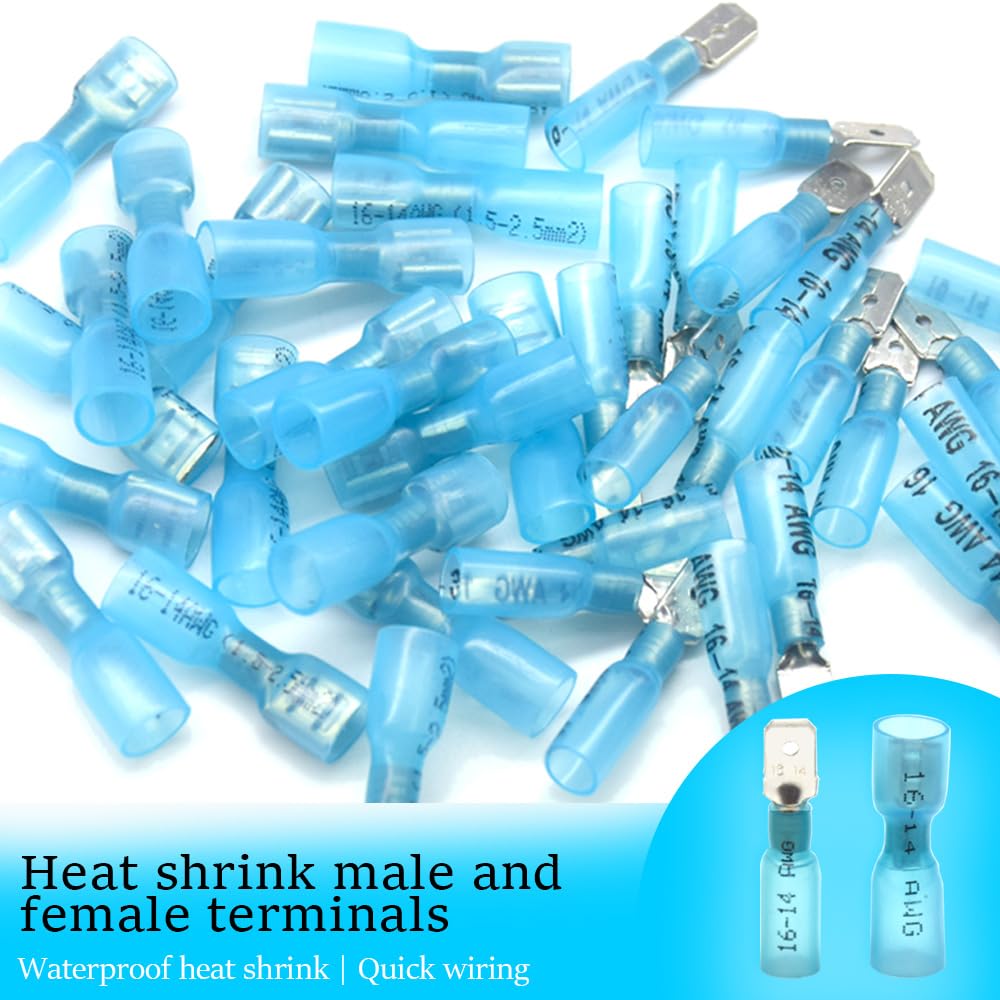100 Pezzi Connettori Elettrici Kit Terminali a Crimpare Termorestringenti Di Connettori Femmina e Maschio - per cavi da 1,5 – 2,5 mm²(Blu/YRSL)