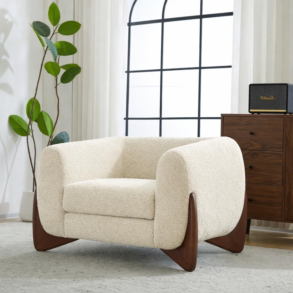 Contemperory Sofa Set Couch with Walnut Wood Base Stylish Legs Boucle Upholstery Mid-Century Modern Style for Living Room Hotels & Offices (Biege, 1 Seater)-image-47