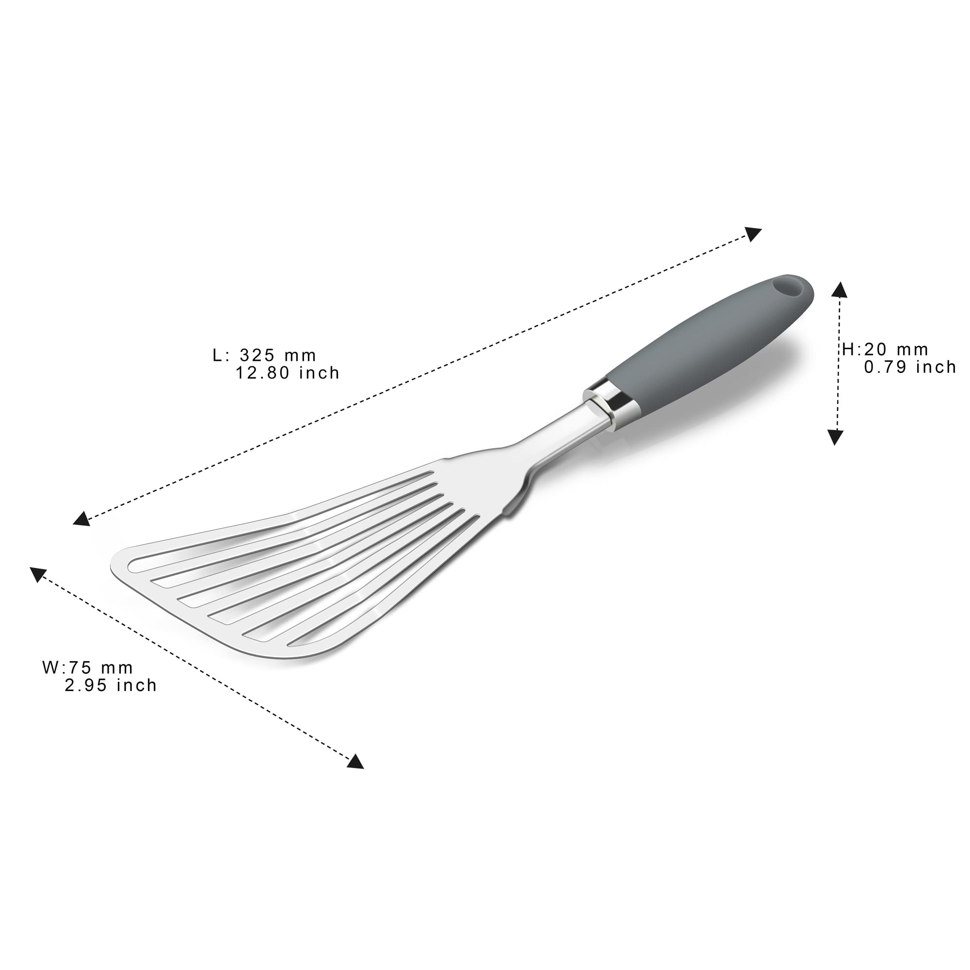Espátula de acero inoxidable 304, espátula ranurada con mango ergonómico antideslizante, color gris