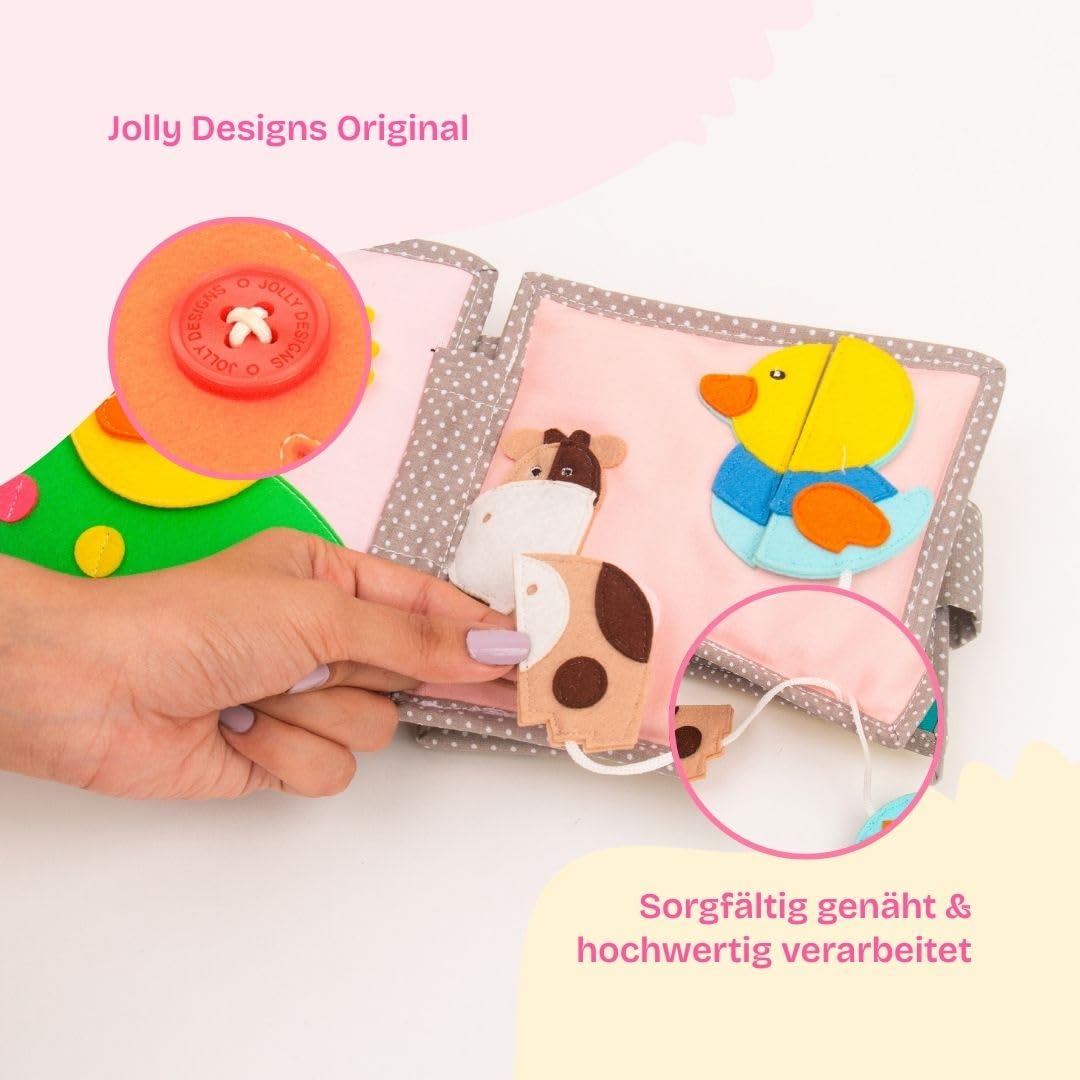 Jolly Designs Mini Quiet Book Dösender Löwe – Montessori Spielzeug ab 1 Jahr – Stoffbuch & Busy Book ohne lose Teile – Lernspielzeug aus Filz – Motorikbuch für Babys & Kleinkinder