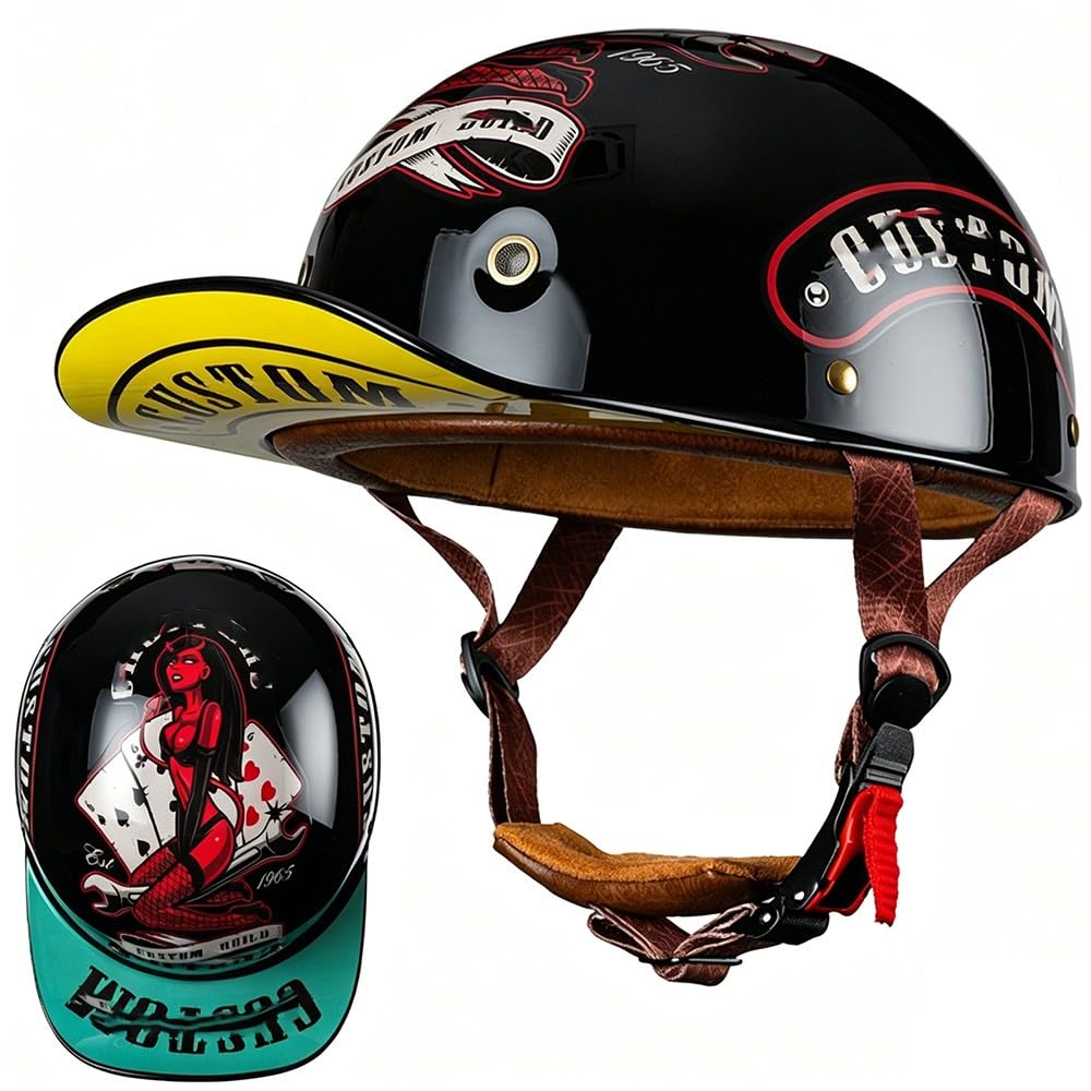WZGGTEAM Vintage Motorcycle Half Helmet – Half Shell Helmet with Baseball Cap Design, DOT/ECE-Certified, with Face Shield Quick Release Button, Suitable for Scooter, Cruiser Chopper
