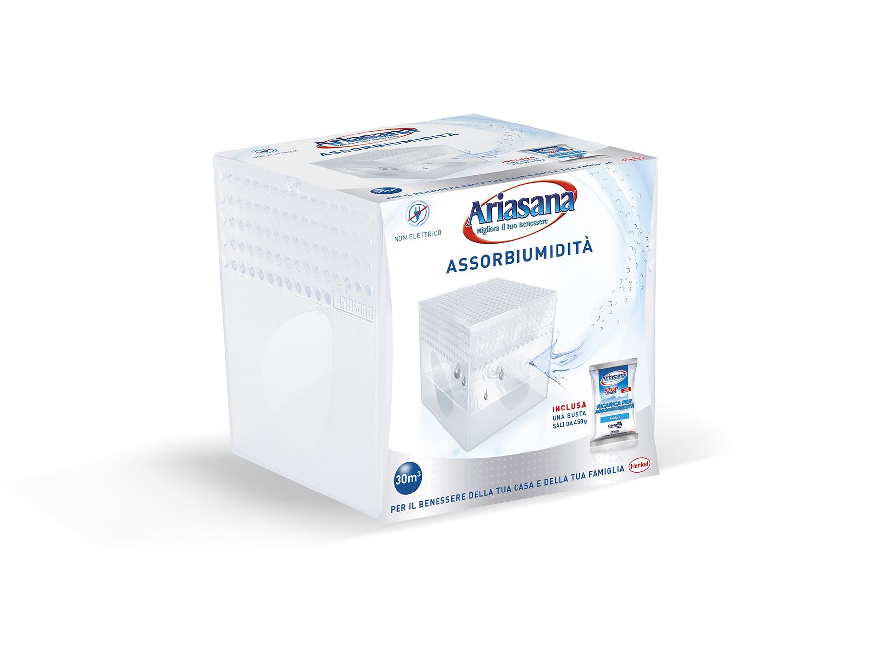 Ariasana Kit Mini Deumidificatore, Assorbi umidità fino a 30 m², Assorbiumidità anche per cantina, stanzino, bagno, cucina, camper, Dispositivo e 1 ricarica in sali da 450 g