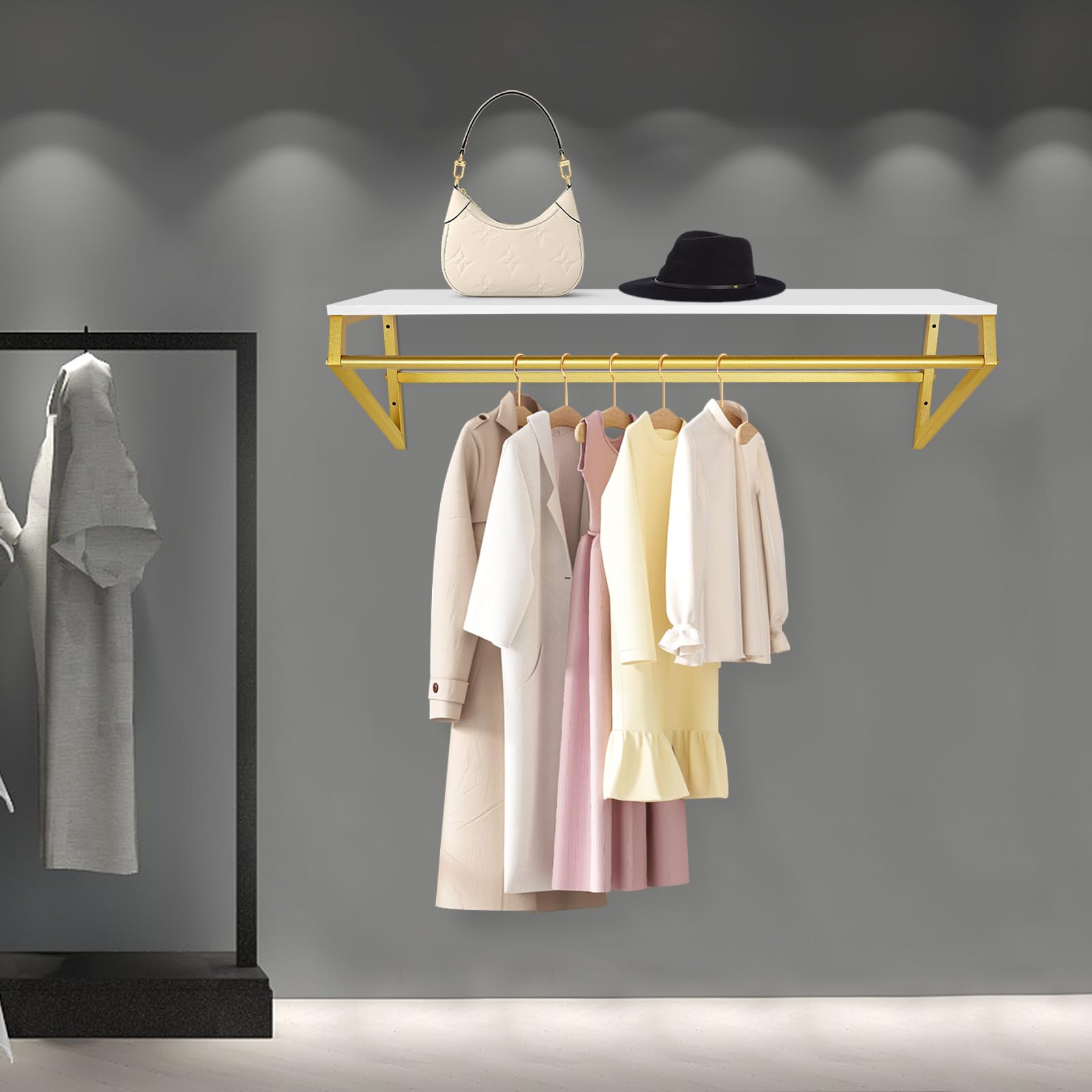 FFanhia Clothes Rack with Top Shelf Wall Mounted Garment Rack 41 in Space Saving Display Hanging Clothes Rack Multi-Purpose Clothing Hanging Rod for Shops Homes, White and Gold