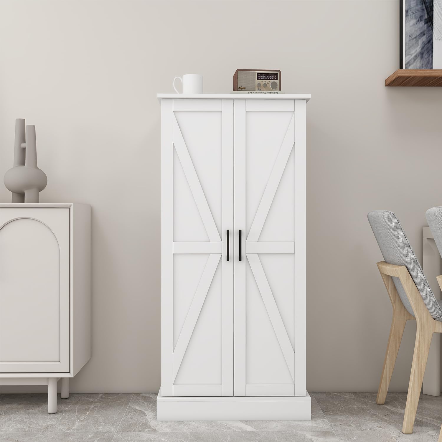 Kitchen Pantry Storage Cabinet w/LED, 50" Pantry Cabinets w/Doors and Adjustable Shelves, Freestanding Pantry Cupboard for Kitchen, Dinning Room, Living Room, Small Place, White