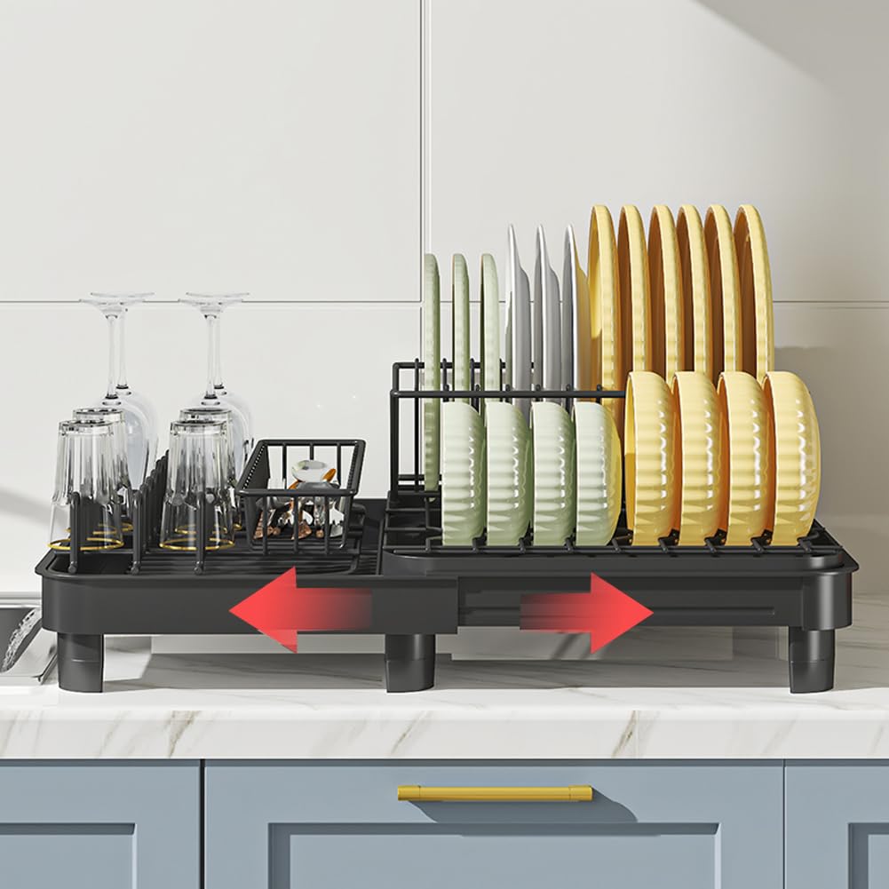 YunNasi Escurreplatos Extensible 32-52,5 cm, Escurridor Platos | Grande, en Acero al Carbono, Con Bandeja Recogegotas, Portacubiertos