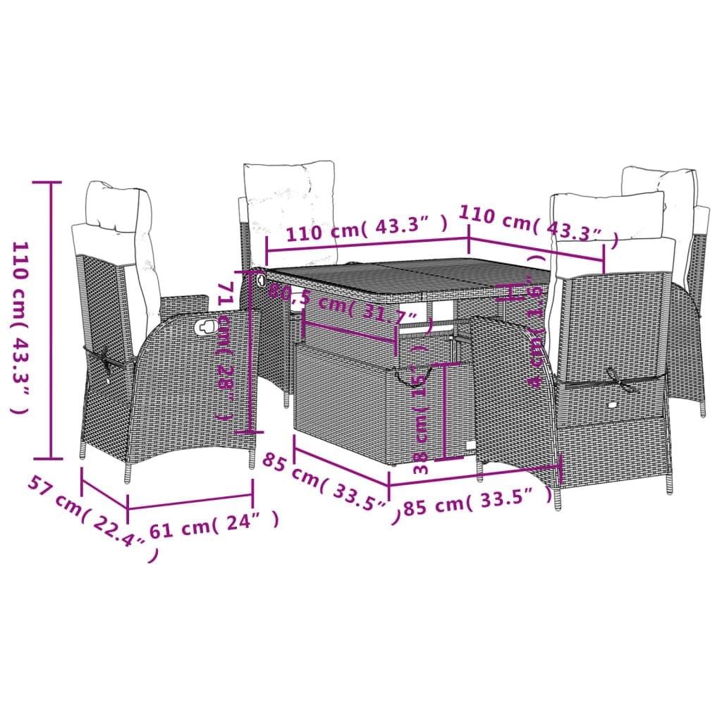 Conjunto de comedor de jardín para terraza con respaldo ajustable y tablero de mesa en color gris de poliratán, incluye cojines y fundas extraíbles