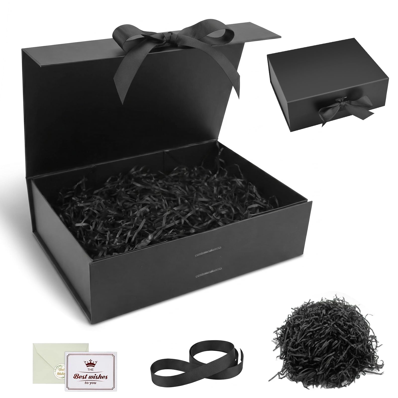 Black Gift Box with Lids, Magnetic Gift Box Premium Present Box with Cards Envelopes Confetti, Flat Pack Gift Boxes for Birthday Wedding, 22x16.5x8.8 cm
