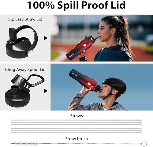 Miniatura 4 de SENDESTAR - Botella de agua de 0,9 L, 2 tapas (tapa con pajita), boca ancha de acero inoxidable aislada al vacío, doble pared, mantiene los líquidos