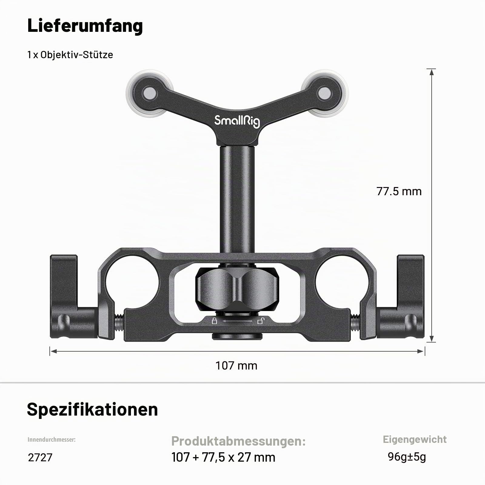 SMALLRIG Linsenunterstützung mit 15mm LWS Stangenklemme, 15mm Lens Support Kompatibel mit einem Durchmesser von 73 mm bis 108 mm Objektiv - 2727