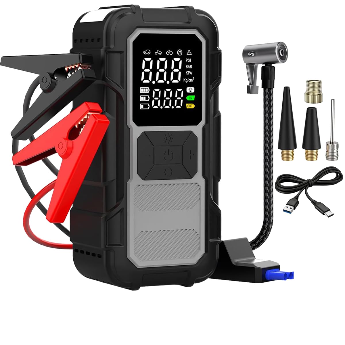Merwish 8000mAh Portable Jump Starter and Tire Inflator Compressor with accessories on the ground