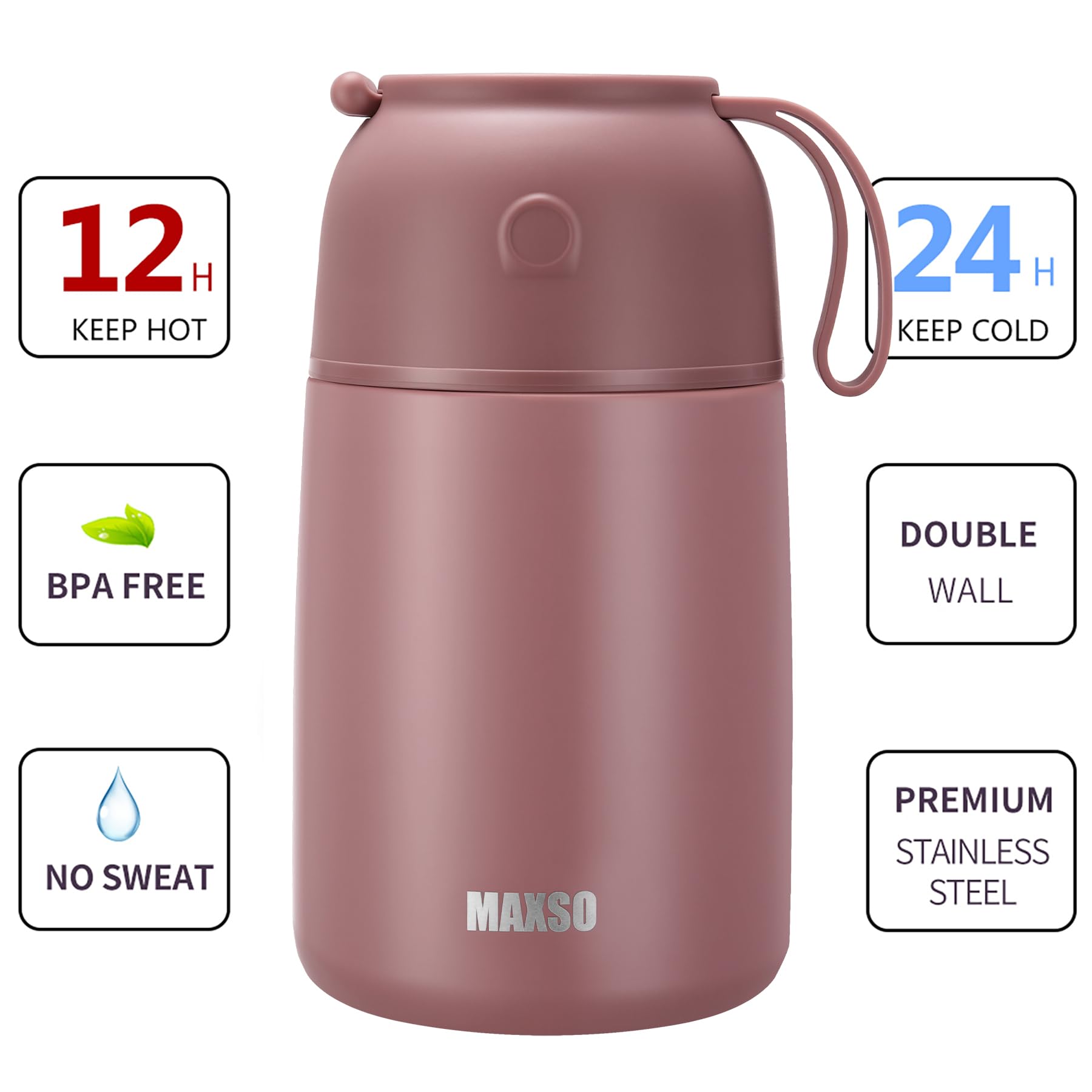 MAXSO Thermobehälter für heiße und kalte Speisen, für Kinder und Erwachsene, vakuumisoliert, Lebensmittelbehälter, Reise-Lebensmittelbehälter mit Löffel, 680 ml, 482 ml, Dusty Rose, 2 Stück