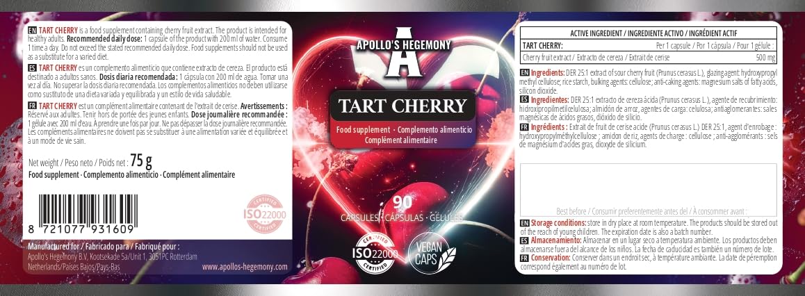 Tart Cherry 500 mg par gélule - Extrait concentré 25:1-90 gélules végétaliennes pour un bien-être amélioré - par Apollo's Hegemony