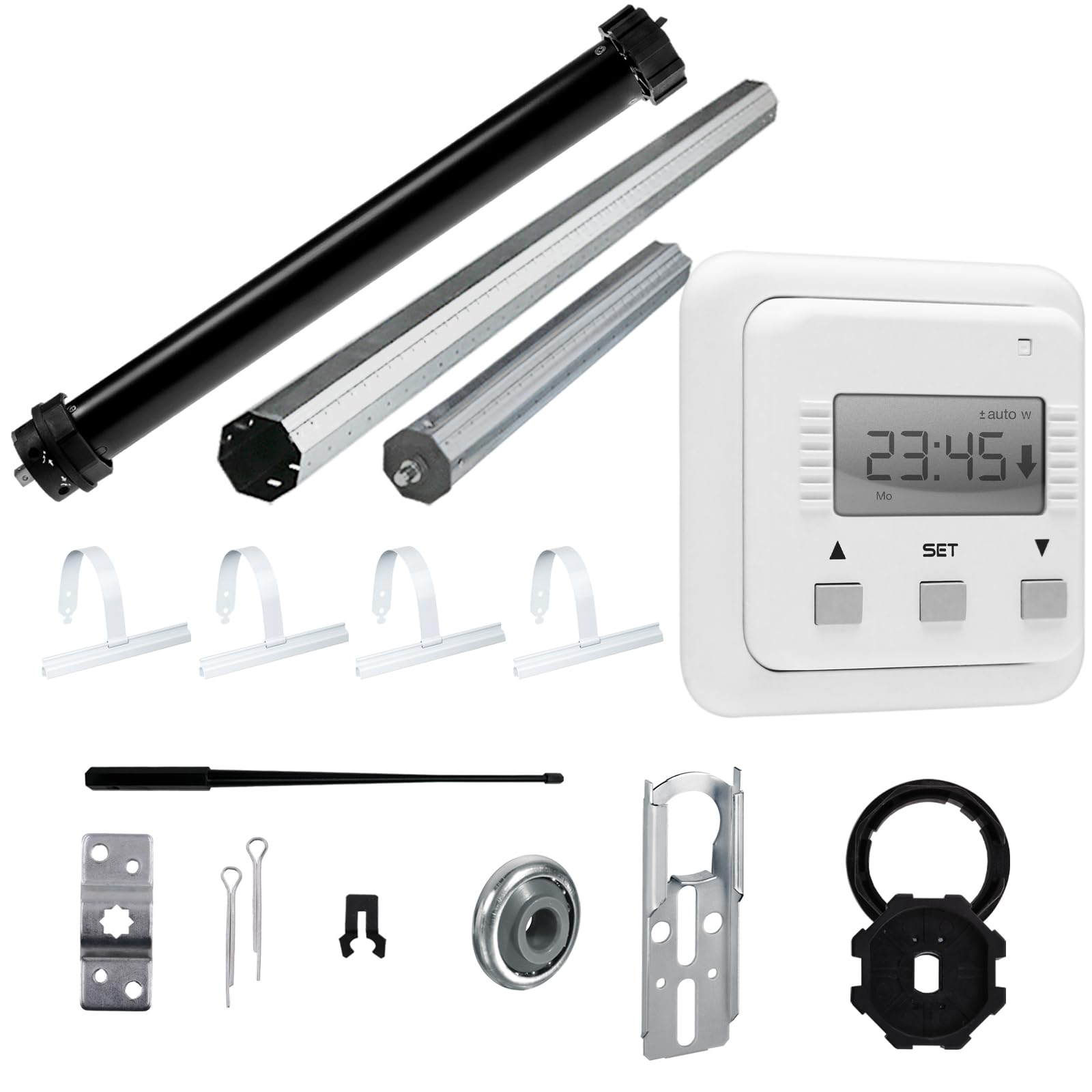 NOBILY Rolladen-Komplett-Set Maxi-Rolladenmotor P5 20/15-60 mit mechanischen Endabschaltern 20Nm/50kg für 60mm (SW60) + Zeitschaltuhr SIMU Relax + Mechanik-Set, Gesamtlänge bis 1,50 Meter
