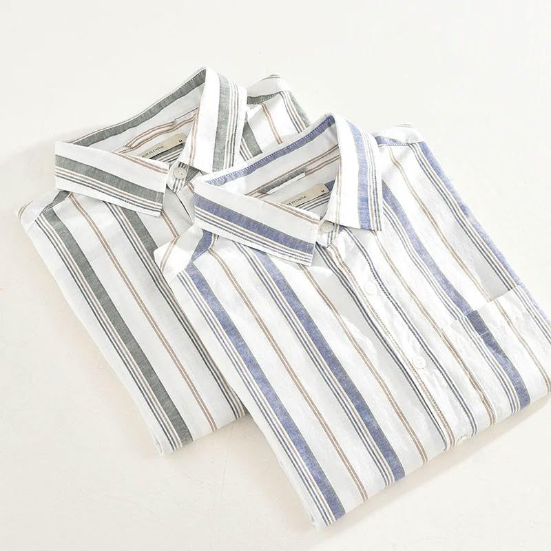 Chemise homme rayures manches longues coton lin décontractée été - 4