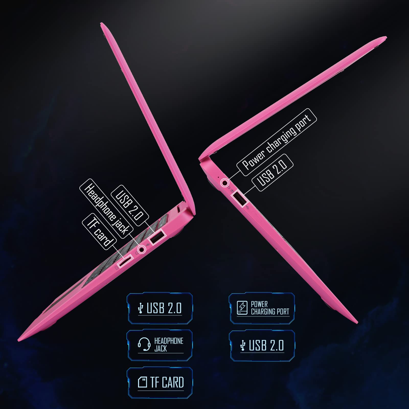 Laptop Computer(10.1 inch), Quad Core Powered by Android 12.0, Netbook Computer with WiFi, Webcam and Bluetooth, Mini Laptop with Bag, Mouse, and Mouse Pad for Kids and Adults（Pink） — view 4