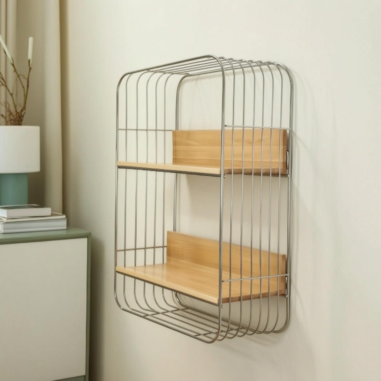 Estante de Pared Repisa Organizador Estante Flotante de Pared con Bastidor de Acero Inoxidable y Tablas de Madera de Doble Nivel Adecuado para Cocina Baño Oficina en Casa Sala de Estar