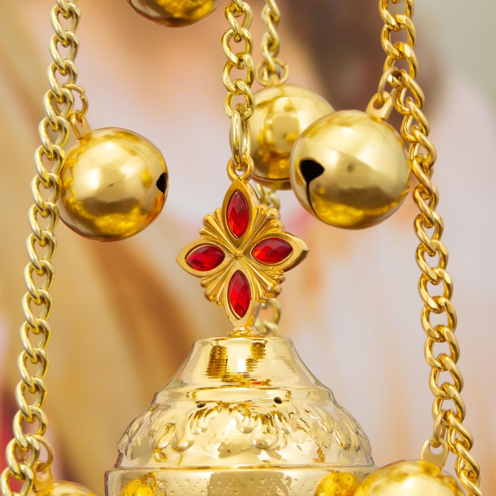 Bruciatore di incenso ortodosso in lega di zinco elettrolitico – Ornamento decorativo da appendere per cerimonia in chiesa con campane e simboli religiosi (croce)