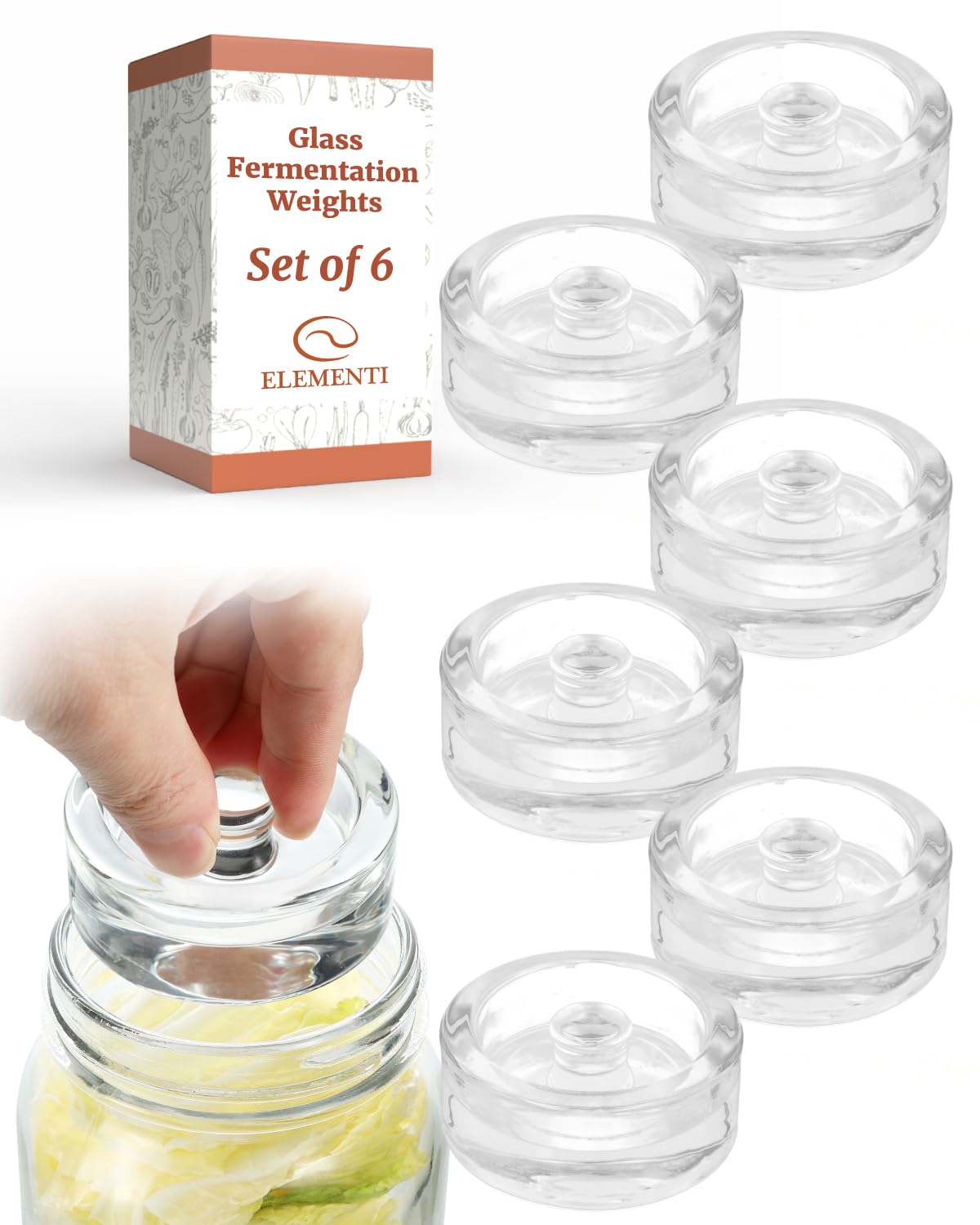 Elementi Glass Fermentation Weights Set of 6 - Easy Grip Glass Fermenting Weights, Perfect Fit for Wide Mouth Mason Canning Jars, Highly Durable Fermentation Kit for Sauerkraut, Kimchi & More