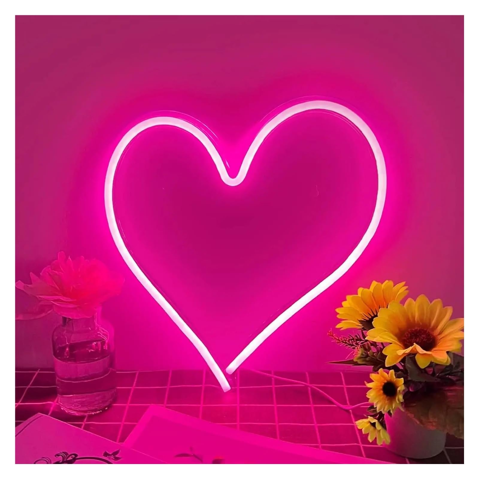 Wiszące neony artystyczne Różowe Serce Neon LED Light Na Ścianę Miłość Romantyczna Lampa Dekoracyjna Do Sypialni Walentynki Wesele 34cm×33cm