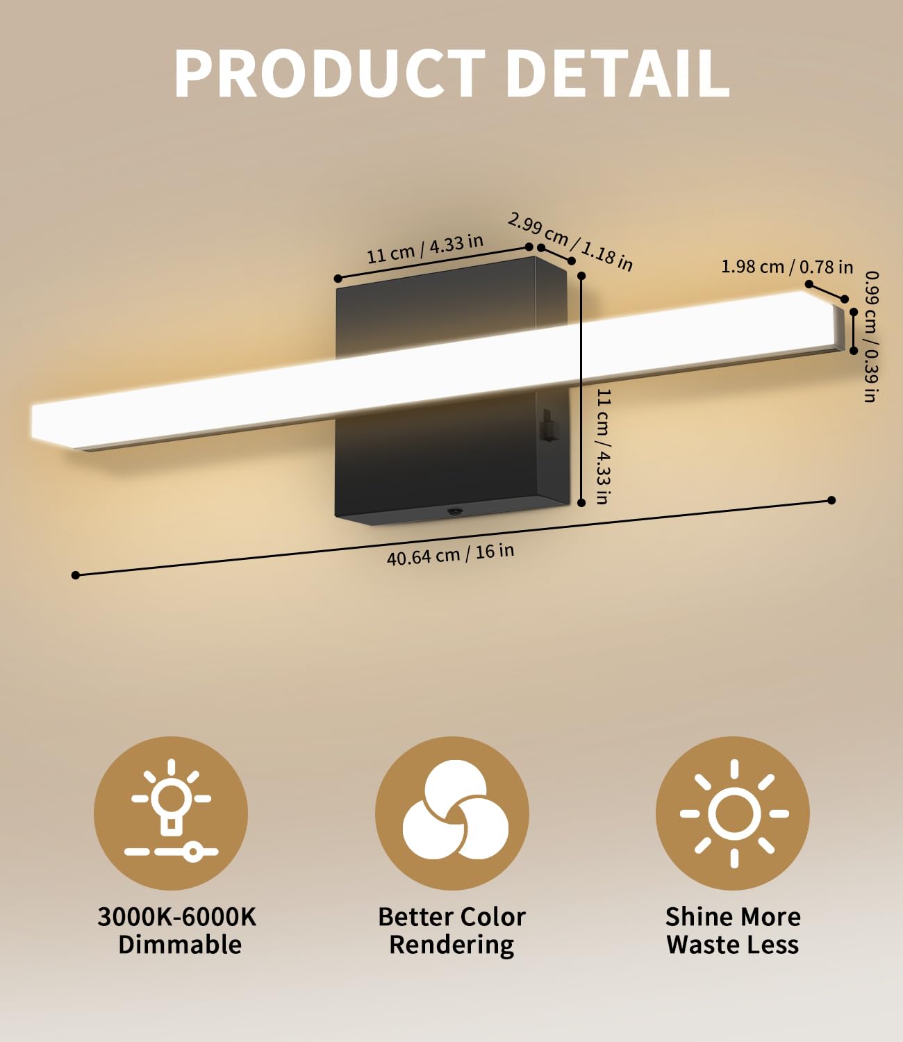 Lampe de Miroir Salle de Bain 40CM, LED 3000-6000K avec Interrupteur Température, Applique Murale Moderne avec Abat-Jour Acrylique, Économie d’Énergie Durable, Parfaite pour une Ambiance Chaleureuse