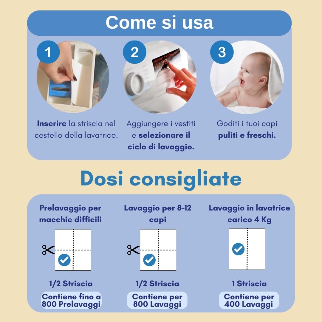 Detersivo in Fogli per Neonati (400 fogli, fino a 800 usi) - Senza Profumazione, Ipoallergenico, Biodegradabile, Vegano. Delicato su pelli sensibili, senza plastica. Confezione da 10 unità.